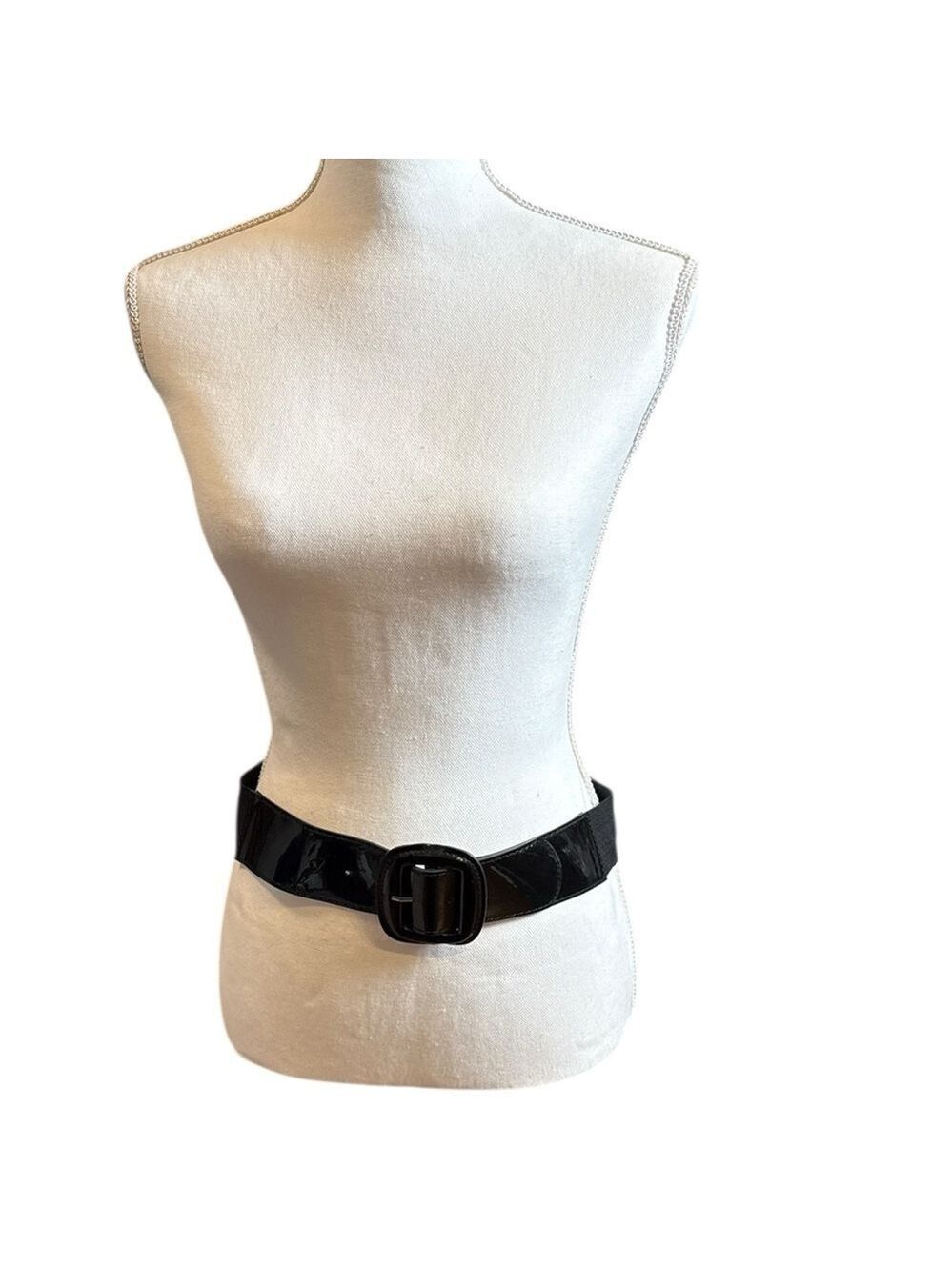 Black Glossy Stretch Belt Large Buckle Waist Cinch Size Large